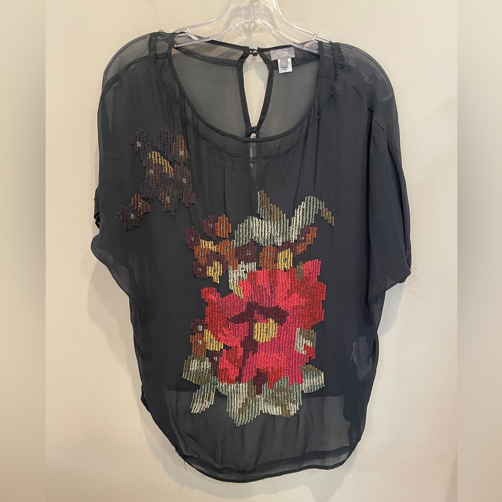 Hoss Intropia Embroidered Floral Sheer Forest Green / Charcoal Boho Top